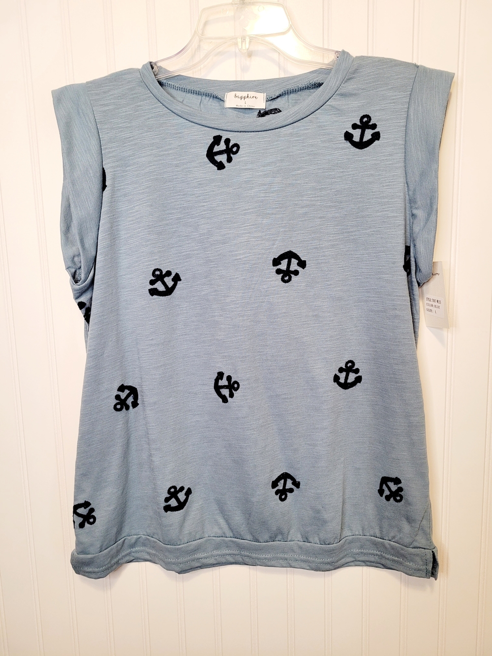 Nautical Blue Anchor Embroidered Short Sleeve Top NWT Sz L